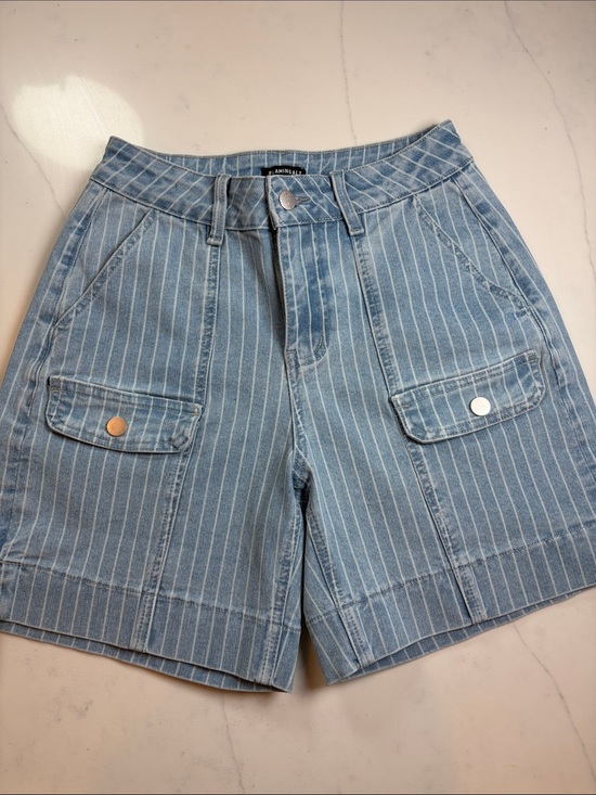 Flamingals Pants - Striped Light Blue Denim Utility Shorts
